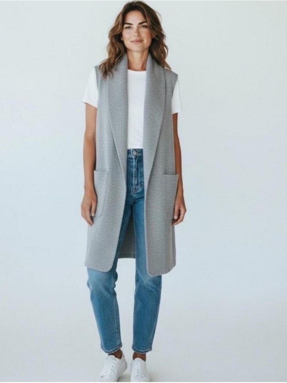 Joie Longline Vest Womens M Gray‎ Chic Duster Sleeveless Shawl Collar Open Front